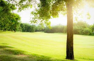 campo de golfe com paisagem de relva verde. campo de grama verde com floresta e montanha como pano de fundo. campo de golfe no hotel ou resort. paisagem de campo de golfe e árvores. campo de esportes verde. campo Verde. foto