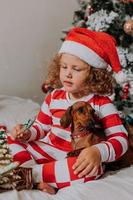 cachorro e menina de pijama vermelho e branco come um saboroso pirulito de natal caseiro sentado na cama. criança e um animal de estimação. bebê e dachshund estão se divertindo e comemorando o ano novo. estilo de vida foto