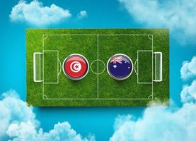 tunísia vs austrália versus conceito de futebol de banner de tela. estádio de campo de futebol, ilustração 3d foto