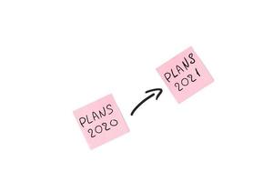 conceito de planejamento engraçado. adesivos com plano para 2020 e 2021. transferindo todas as metas para o futuro. configuração plana, fundo branco foto