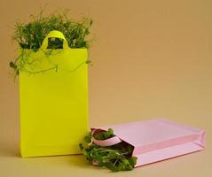 duas sacolas de compras de papel com micro vegetação em um fundo bege. agricultura de primavera e conceito de plantio. alimentos biológicos orgânicos naturais. foto