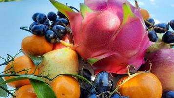 close-up, uvas de frutas tropicais, laranjas, fruta do dragão, peras e maçãs em um fundo branco 05 foto