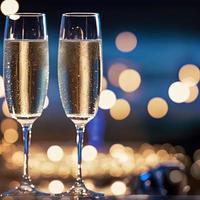 taças de champanhe contra luzes de férias e fogos de artifício de ano novo foto