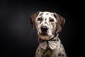 retrato de um cachorro dálmata, em um fundo preto isolado. foto