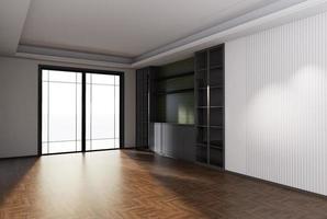 renderização de interiores em casa com parede de cor de quarto vazio e decorada com piso de madeira. foto