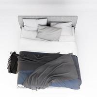 Vista superior de móveis 3D moderna cama de casal cinza isolada em um fundo branco com traçado de recorte, design de decoração para quarto foto