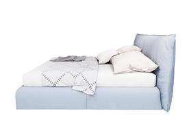 Mobília 3d moderna cama de casal de couro azul isolada em um fundo branco, design de decoração para quarto foto