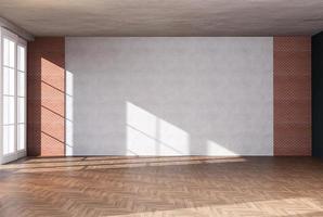 renderização de interiores em casa com parede de cor de quarto vazio e decorada com piso de madeira. foto