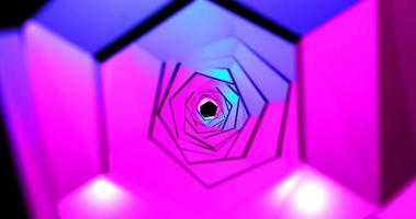 um belo túnel roxo-rosa abstrato de formas quadradas enrolado em uma espiral de linhas brilhantes em um fundo de espaço preto. fundo abstrato. protetor de tela foto