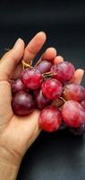 frutas de uva vermelha na mão sobre fundo de cor preta foto