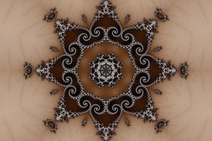 Ilustração 3D de um zoom de caleidoscópio no fractal de conjunto de mandelbrot matemático infinito. foto