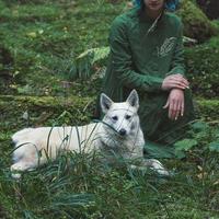 mulher com fotografia cênica de cachorro branco foto