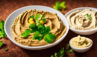 comida saudável. hummus orgânico feito na hora tradicional. foto