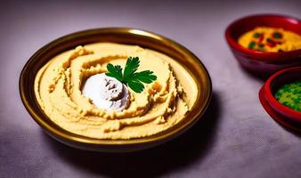 comida saudável. hummus orgânico feito na hora tradicional. foto