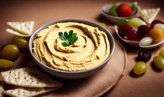 comida saudável. hummus orgânico feito na hora tradicional. foto