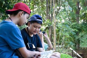 três meninos asiáticos estão lendo detalhes de pássaros e vão usar binóculos para observar pássaros nas árvores durante o acampamento de verão, ideia para aprender criaturas e animais selvagens fora da sala de aula. foto