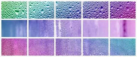 uma colagem de diversos fragmentos de vidro, decorados com gotas de chuva do condensado. tons de roxo e violeta foto