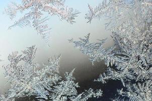 macro de geada de flocos de neve no painel de vidro da janela foto