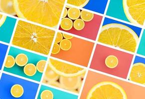 uma colagem de muitas fotos com laranjas suculentas. conjunto de imagens com frutas em fundos de cores diferentes