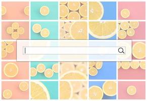 visualização da barra de pesquisa no fundo de uma colagem de muitas fotos com laranjas suculentas. conjunto de imagens com frutas em fundos de cores diferentes