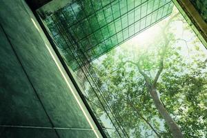 edifício verde sustentável. edifício ecológico na cidade moderna. prédio de escritórios de vidro sustentável com árvore para reduzir o dióxido de carbono. escritório com ambiente verde. edifício corporativo reduz CO2. foto