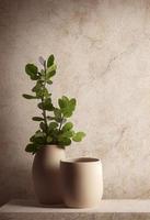 pote de cerâmica bege com planta no pódio de pedra de mármore natural. estúdio, produto foto