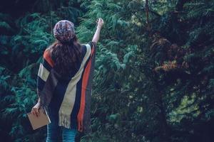 jovem relaxar no feriado. viajar a natureza e escrever uma nota feliz em ver a beleza da folha de pinheiro. estudo da natureza. foto