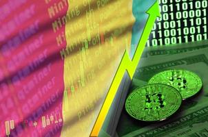 bandeira da guiné e tendência crescente de criptomoeda com dois bitcoins em notas de dólar e exibição de código binário foto