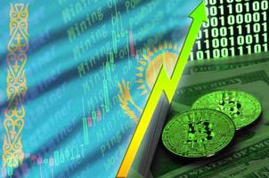 bandeira do cazaquistão e tendência crescente de criptomoeda com dois bitcoins em notas de dólar e exibição de código binário foto