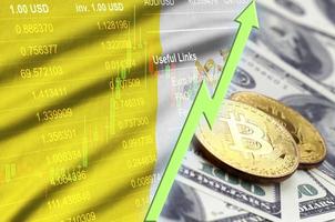 bandeira do estado da cidade do vaticano e tendência crescente de criptomoeda com dois bitcoins em notas de dólar foto