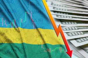 bandeira de ruanda e gráfico caindo posição do dólar americano com um leque de notas de dólar foto