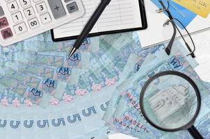 5 contas hryvnias ucranianas e calculadora com óculos e caneta. conceito de temporada de pagamento de impostos ou soluções de investimento. procurando um emprego com salário alto foto