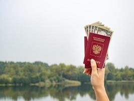 passaporte estrangeiro e dólares na mão, no contexto da natureza. foto