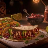 tacos mexicanos de alto ângulo em fundo de madeira foto