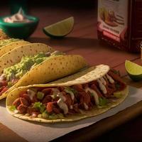 tacos mexicanos de alto ângulo em fundo de madeira foto