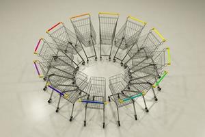 um círculo formado por 12 carrinhos de compras vazios com alças de cores diferentes, renderização em 3d. foto