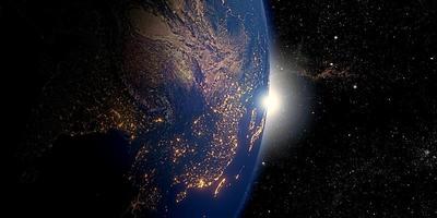 visão de fundo da terra da nave espacial e luz refletida da ilustração 3d do sol foto