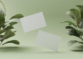 cartões de visita brancos em branco com plantas sobre fundo verde. mock up para identidade de marca. duas cartas, para mostrar os dois lados. modelo para designers gráficos. livre, copie o espaço. renderização 3D. foto