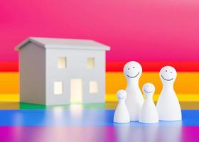 figuras da família lgbt no fundo do arco-íris. pais homossexuais com filhos. conceito de adoção lgbt. lgbtq, incluem lésbicas, gays, bissexuais, transgêneros. diversidade, casamento igual. renderização 3D. foto