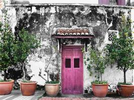 uma porta rosa contra a parede rústica em penang foto
