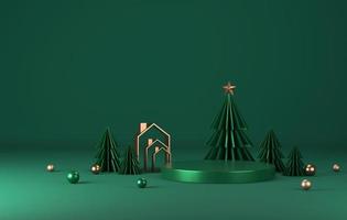 pódio de ouro e árvore de natal verde com borda de ouro elegante natal e ano novo em fundo verde. ilustração 3D, renderização em 3D foto