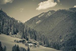 maravilhoso panorama alpino de montanha arborizada com aldeia e cabanas na Áustria. foto