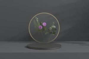 Pódio circular 3d para o produto com borrão de vidro e flores foto