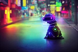 cão de realidade virtual cyberpunk, vestido com roupas de cor neon foto