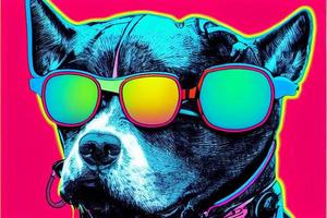 cachorro pitbull cyberpunk com óculos escuros, vestido com roupas de cor neon foto