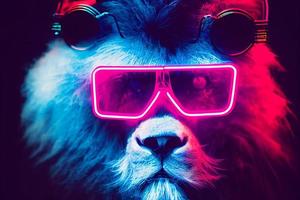 leão cyberpunk com óculos escuros, vestido com roupas de cor neon foto