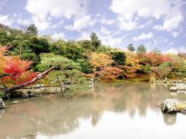 paisagem de folhas de bordo de outono com lago no parque público de kyoto foto