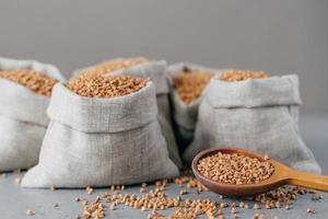 conceito de dieta e nutrição. trigo sarraceno marrom colhido em sacos, isolados sobre fundo cinza. cereais secos prontos para cozinhar foto