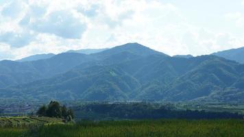 a visão do campo de arroz amarelo de colheita localizada no vale entre as montanhas com o céu nublado como pano de fundo foto