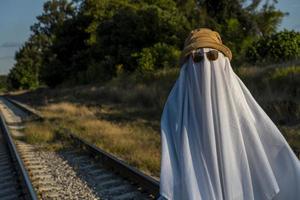 fantasma no campo aproveitando o sol e o trem passando atrás, trilhos de trem foto